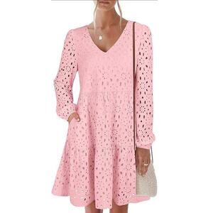 ANRABESS Womens Soft Pink Eyelet Lace Lined V Neck Long Sleeve Dress 2XL NEW